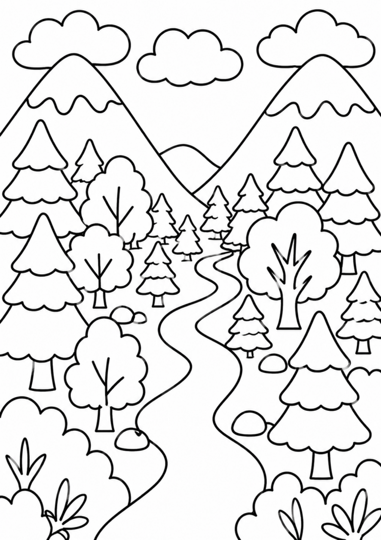 A coloring page depicting a forest landscape with trees, mountains, and clouds, providing a blank canvas for children to add colors.