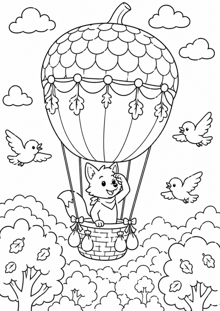 A cute fox riding in a hot air balloon shaped like an acorn, surrounded by flying birds, fluffy clouds, and trees below, inviting children to color the cheerful and adventurous scene.
