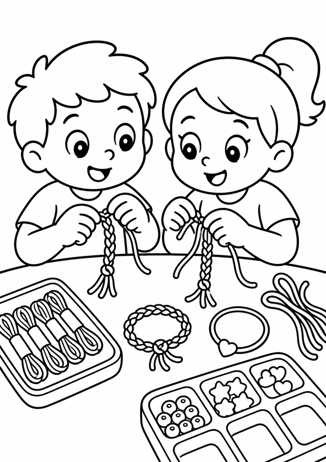 Children happily making friendship bracelets at a table, surrounded by strings and beads. The page invites kids to add color and bring life to the scene, encouraging their creativity and fostering a love for crafting.