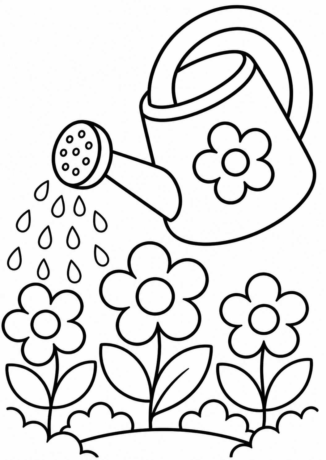A delightful coloring page depicts a watering can pouring water over three flowers. Children can use various colors to fill in this simple yet engaging garden scene, enhancing their creativity and love for nature.