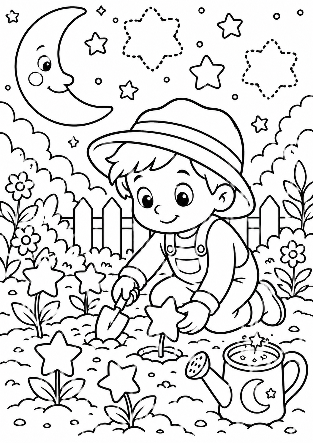 A charming coloring page showing a child planting star-shaped flowers in a whimsical garden under the night sky, complete with a smiling moon and twinkling stars.