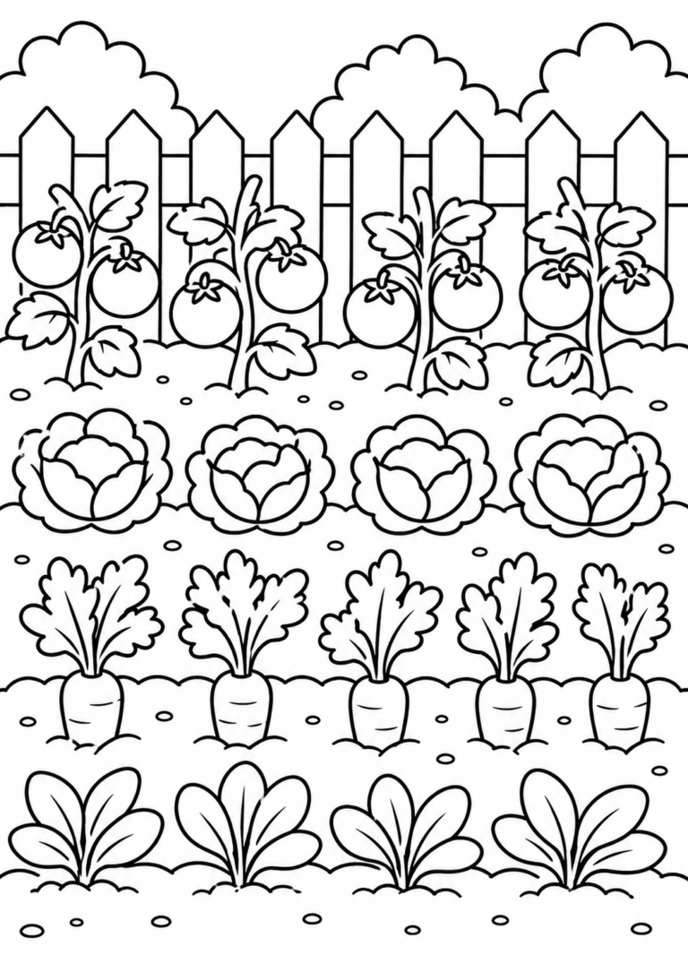 A detailed coloring page showing various garden vegetables such as tomatoes, cabbages, carrots, and spinach rows awaiting the imaginative touch of children's coloring.