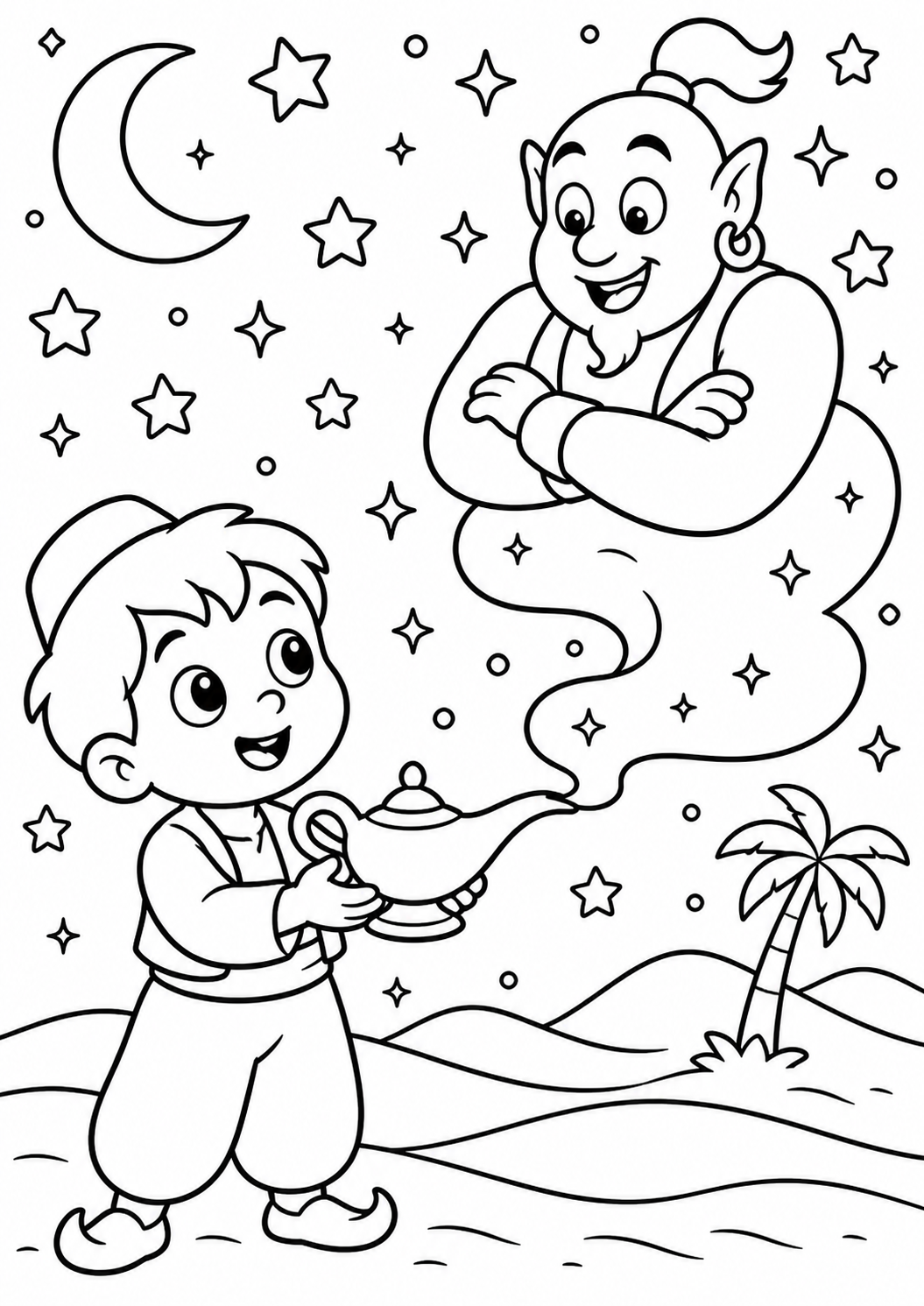 A delightful coloring page featuring a young boy holding a lamp, summoning a smiling genie in a starry night sky. The background includes stars, a crescent moon, and a palm tree.