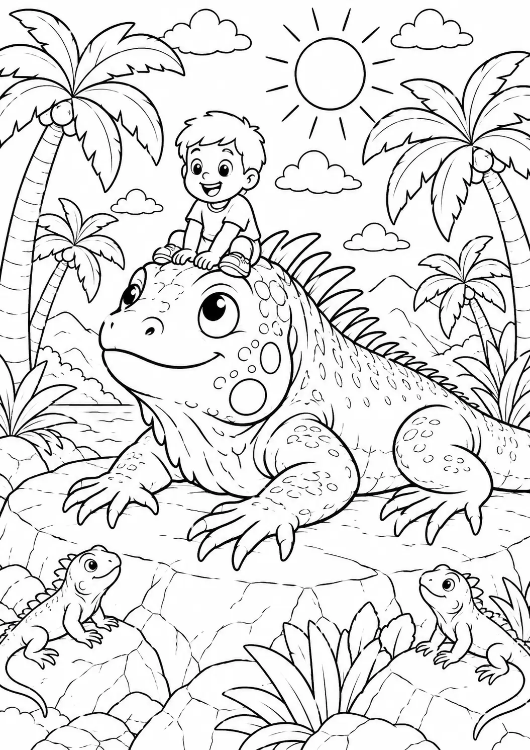 A child rides a giant lizard amid tropical plants and palm trees on a sunny day, with smaller lizards nearby, creating an adventurous and fun coloring scene.