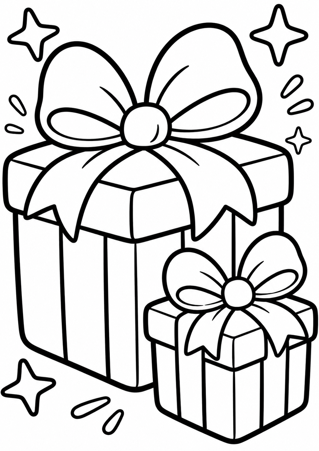 Two gift boxes with bows and stars in a coloring page. Children can use their imagination to color the presents and embellishments with various shades, providing an enjoyable and creative activity.