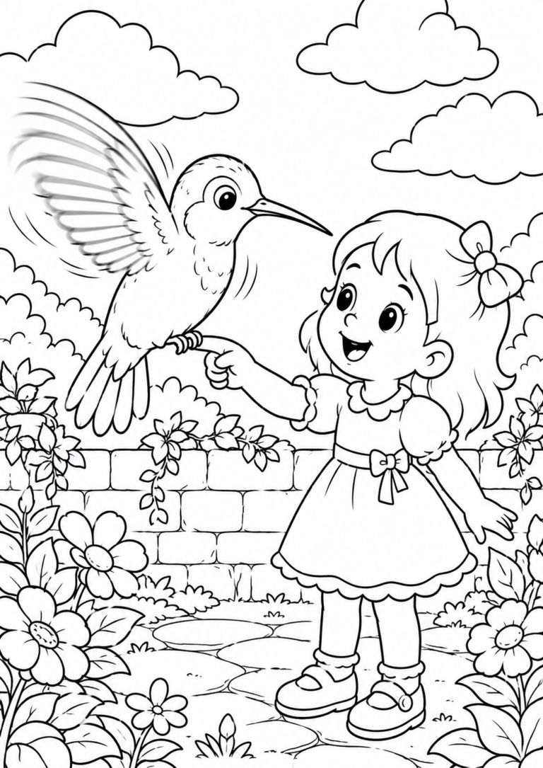 A charming coloring page featuring a young girl with a bird perched on her finger. The scene is set in a garden full of flowers under a sky dotted with clouds, perfect for sparking creativity.