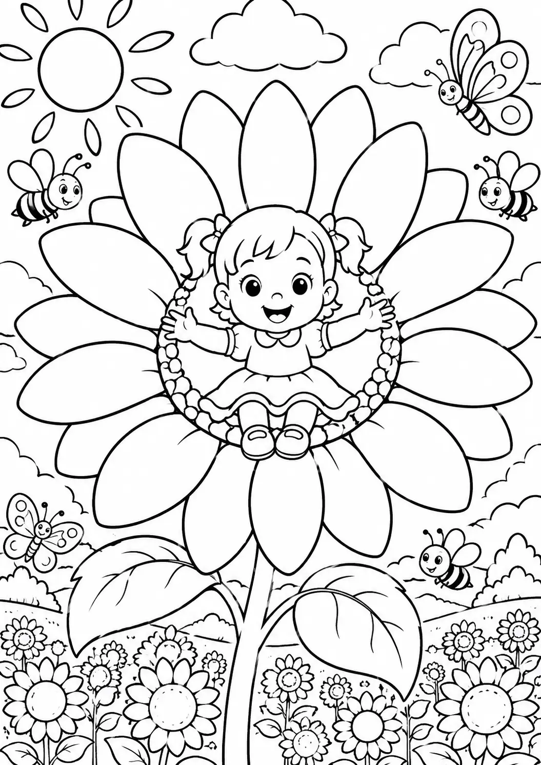 A joyful scene unfolds with a little girl sitting at the center of a sunflower. Cheerful bees and butterflies dance around her on a bright day, surrounded by a vibrant field of sunflowers, inviting colorful creativity.