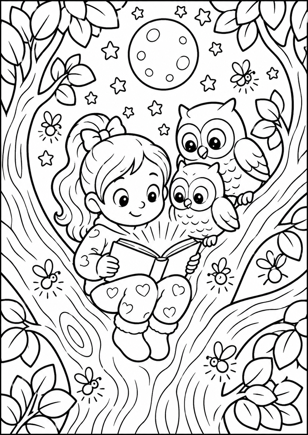 A girl sits on a tree branch reading a book, surrounded by two owls. The night sky is full of stars with a bright moon and fireflies, creating a magical setting for children to color.