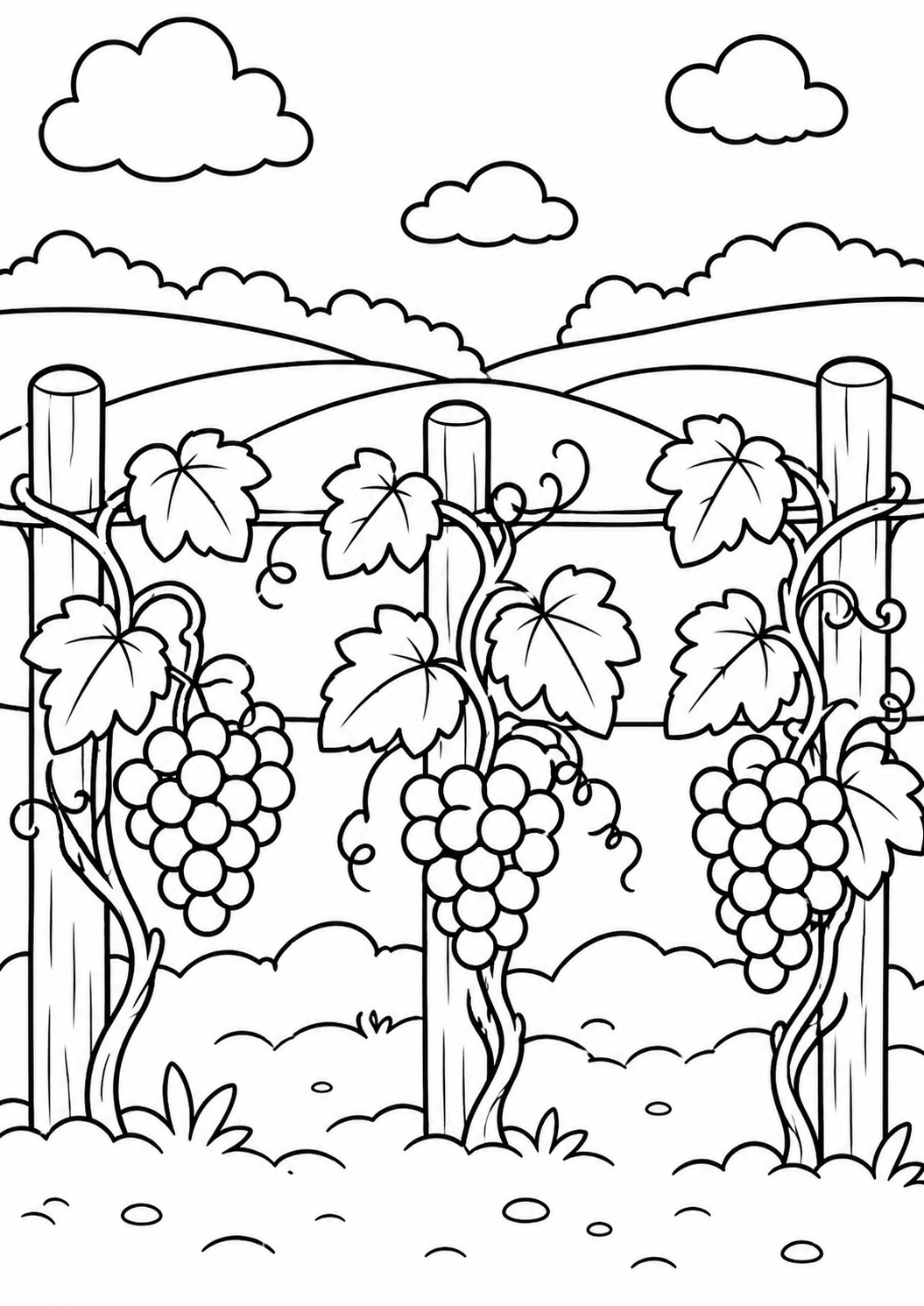 A detailed coloring page depicts a serene vineyard with grapevines laden with grapes. Rolling hills and fluffy clouds complete the tranquil setting, inviting children to explore and color the various elements.