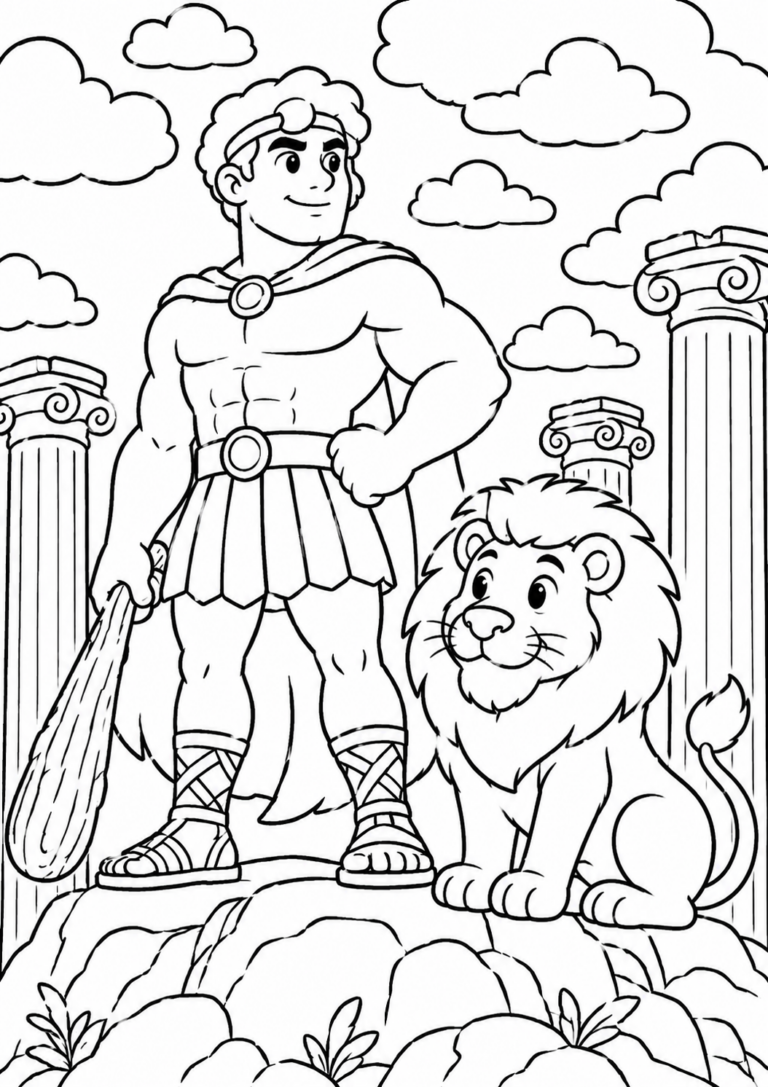 A Greek hero with a lion, set among ancient columns and clouds, offering a mythical coloring adventure for children.