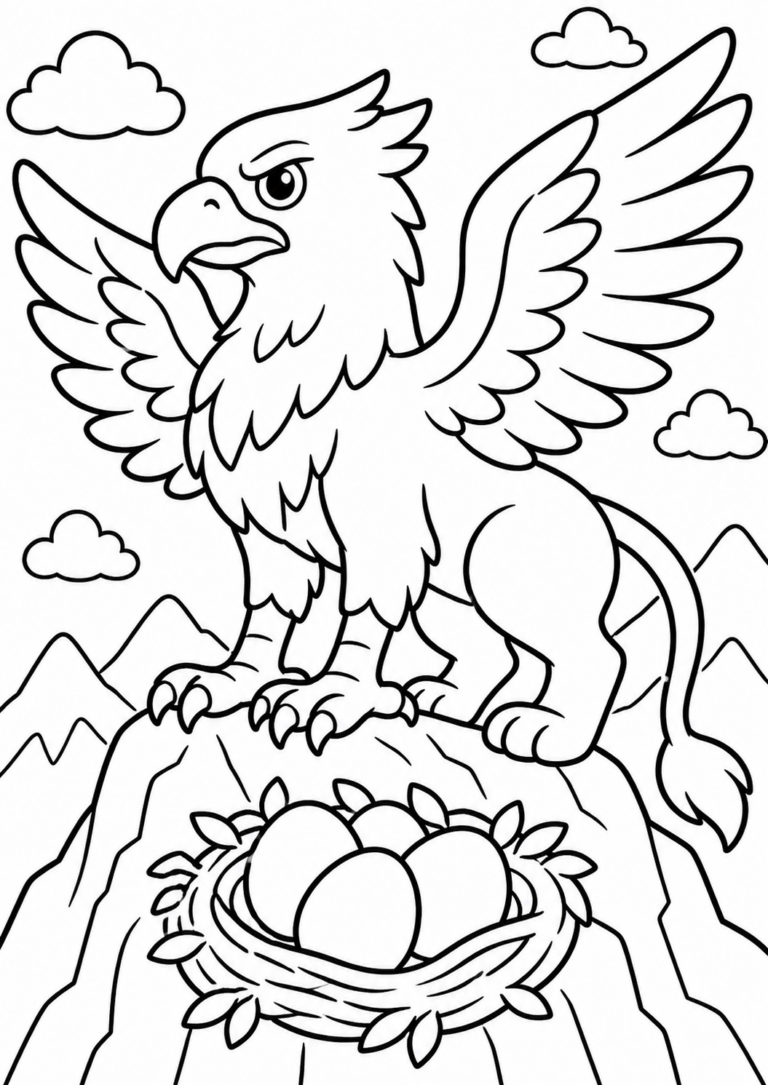 A majestic griffin stands on a mountain guarding its nest of eggs. The griffin, with the body of a lion and the wings of an eagle, is set against a backdrop of mountains and clouds, creating a fantasy scene for children to color.
