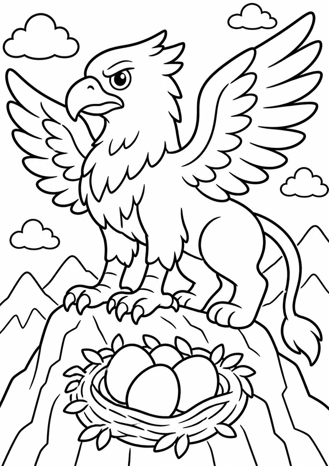 A majestic griffin stands on a mountain guarding its nest of eggs. The griffin, with the body of a lion and the wings of an eagle, is set against a backdrop of mountains and clouds, creating a fantasy scene for children to color.