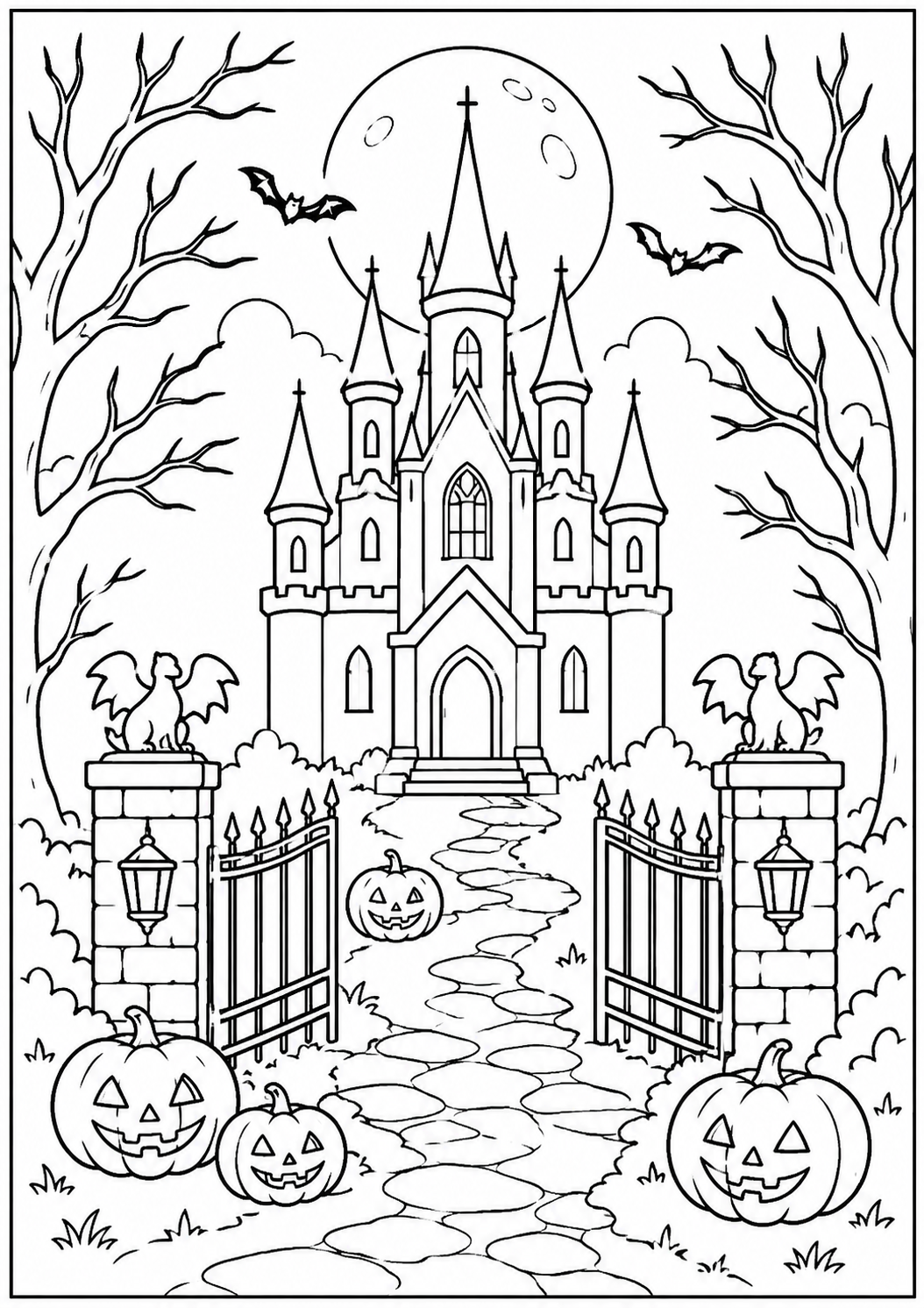 Detailed coloring page of a spooky Halloween castle with bats, pumpkins, bare trees, and gargoyles for kids to color.