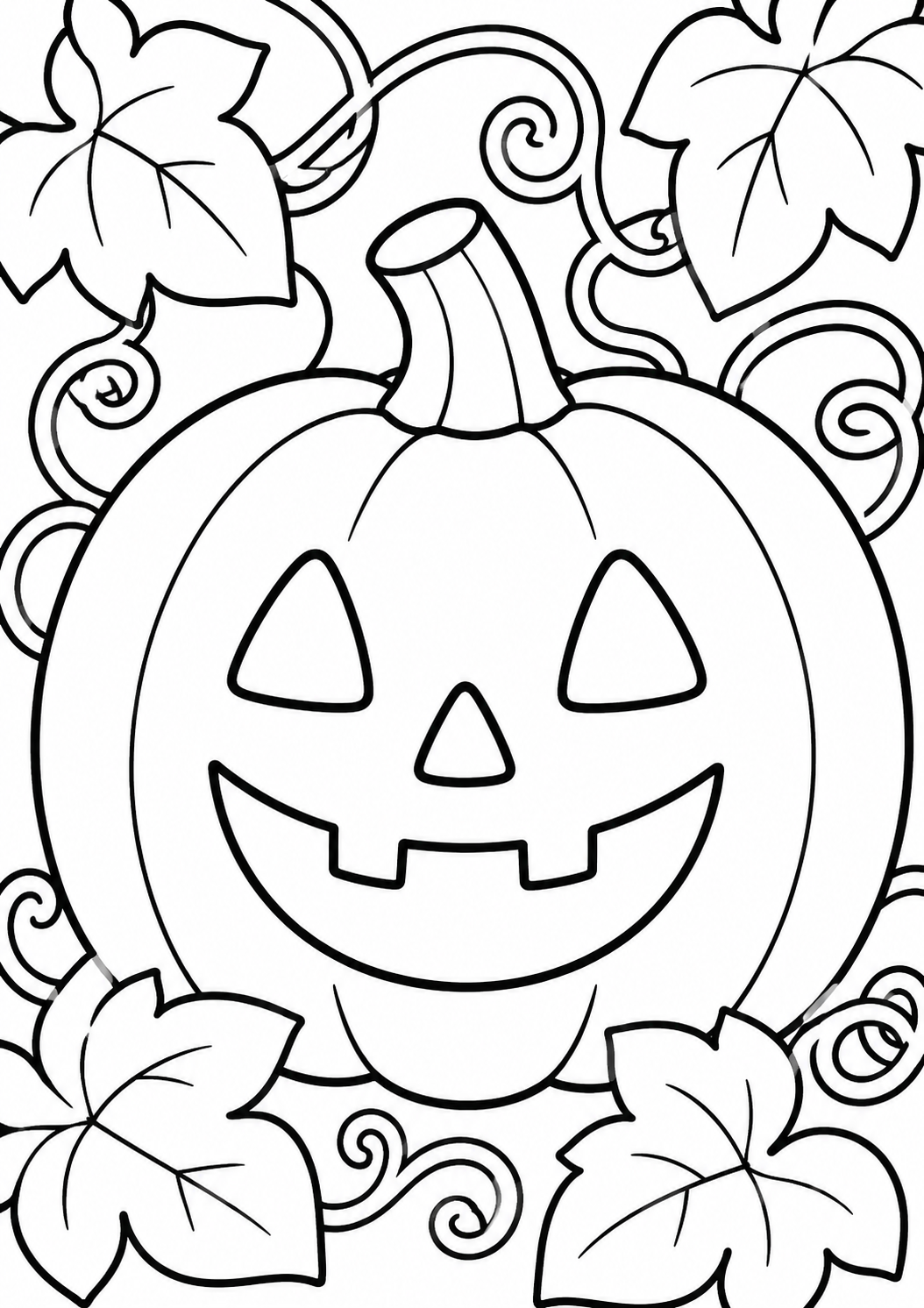 Halloween-themed coloring page showing a jack-o'-lantern pumpkin with swirling vines and leaves. Great for children to enjoy coloring during the fall holiday season.