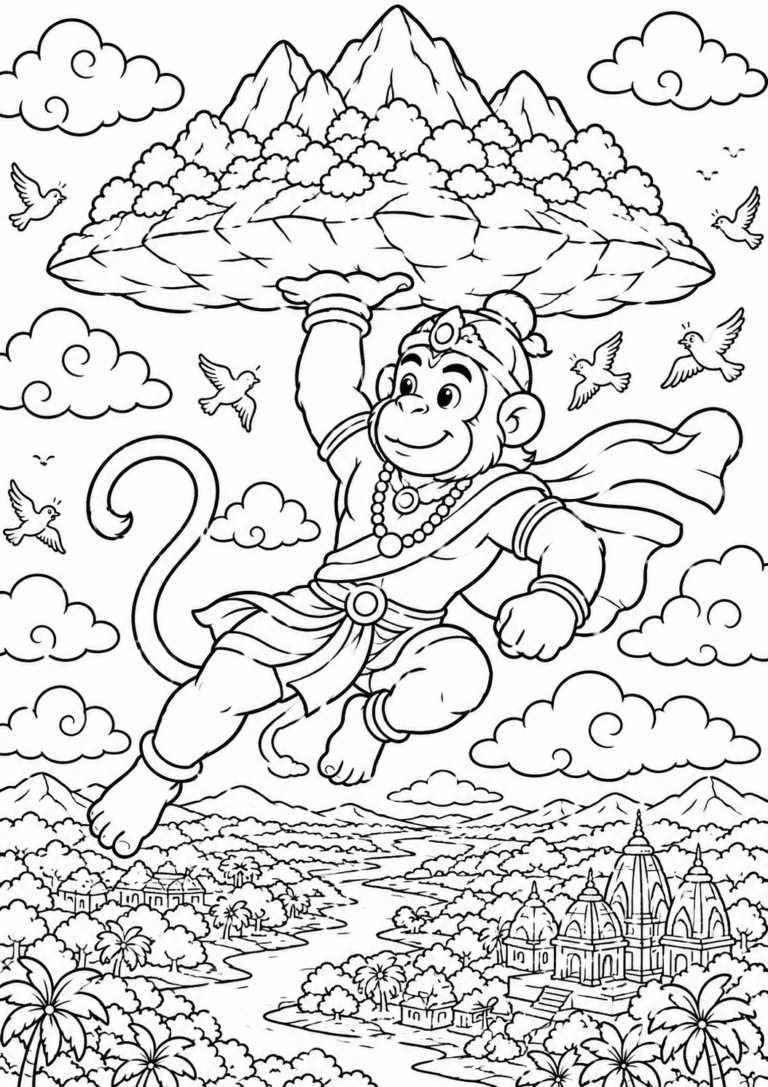 Coloring page of Hanuman carrying a mountain, surrounded by birds and clouds, with a detailed landscape of temples and nature below.