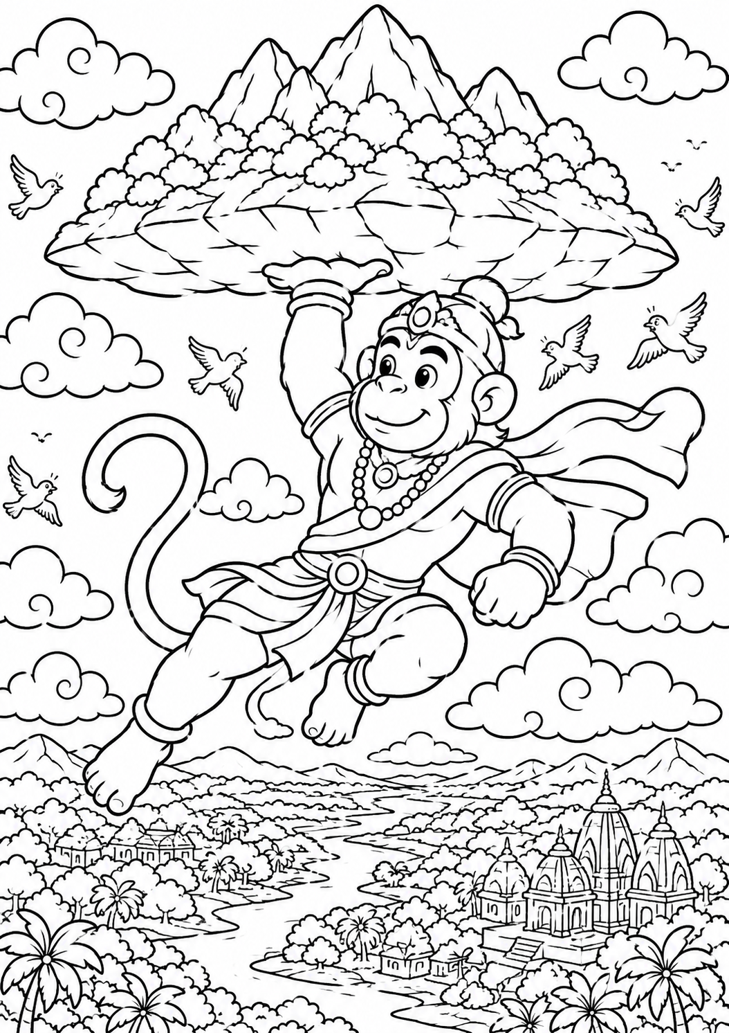 Coloring page of Hanuman carrying a mountain, surrounded by birds and clouds, with a detailed landscape of temples and nature below.