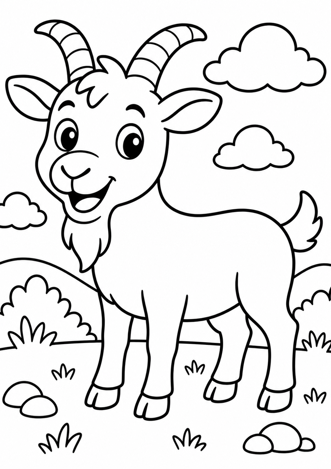 A delightful coloring page showing a happy, smiling goat with large horns in a scenic background. Children will enjoy coloring the fluffy clouds and gentle hills surrounding the cheerful animal in this fun and creative artwork.
