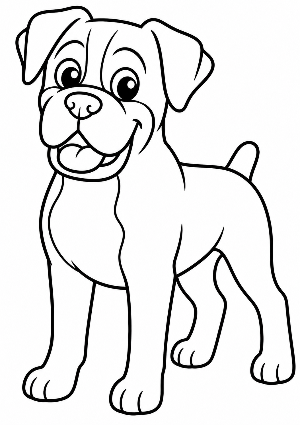 An adorable, happy puppy with a big smile, ideal for a children's coloring page. Simple lines make it perfect for young kids to color and develop creative skills.