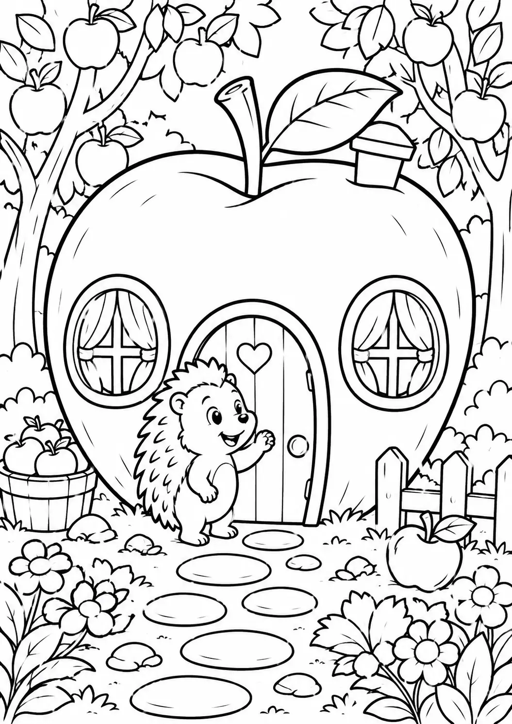 A delightful coloring page showing a cheerful hedgehog and an apple-shaped house. Surrounded by apple trees and flowers, this magical scene invites children to use their imagination and add vibrant colors to the whimsical setting.