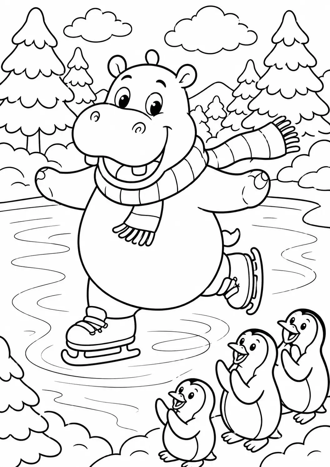 A cheerful hippo wearing a scarf is ice skating surrounded by three happy penguins. The winter landscape includes snowy trees and fluffy clouds, creating a fun scene for kids to color.