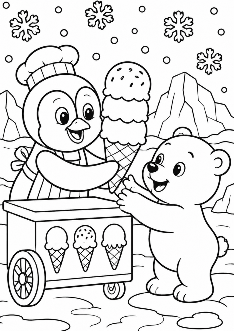A charming penguin serves ice cream to a joyful bear, set in a snowy backdrop with ice mountains and floating snowflakes. This coloring page invites kids to express their creativity with vibrant colors, combining fun and imagination in a wintry wonderland.