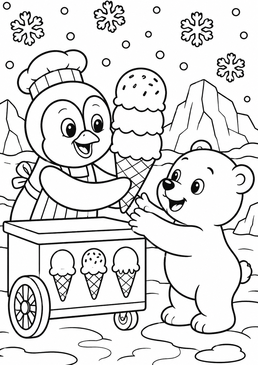 A charming penguin serves ice cream to a joyful bear, set in a snowy backdrop with ice mountains and floating snowflakes. This coloring page invites kids to express their creativity with vibrant colors, combining fun and imagination in a wintry wonderland.