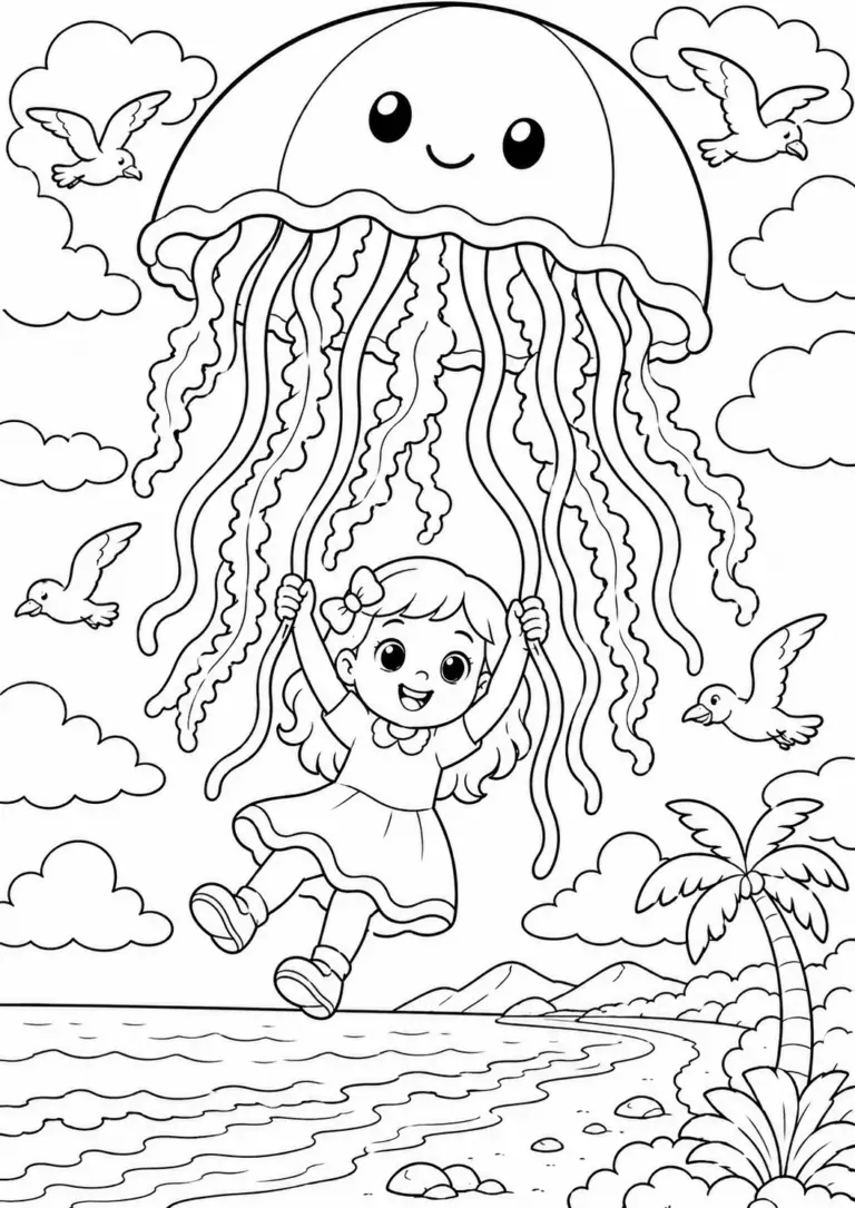 A young girl joyously swings from a smiling jellyfish's tendrils above a serene beach landscape. Birds soar above, capturing a playful and enchanting moment perfect for children's creativity.