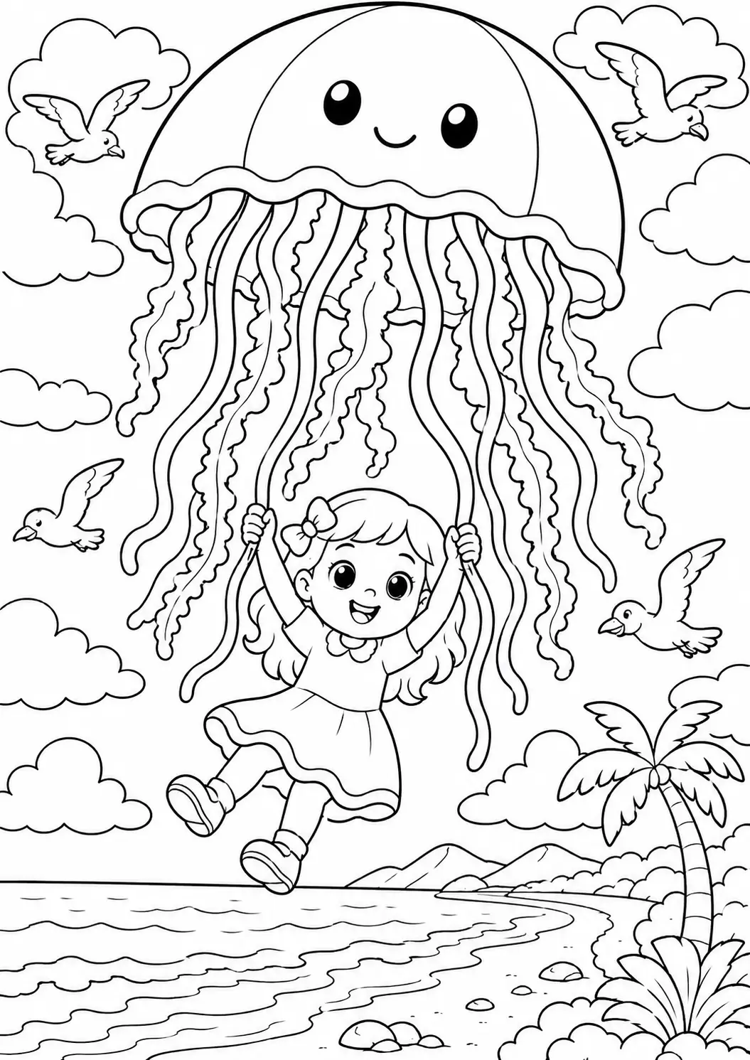 A young girl joyously swings from a smiling jellyfish's tendrils above a serene beach landscape. Birds soar above, capturing a playful and enchanting moment perfect for children's creativity.
