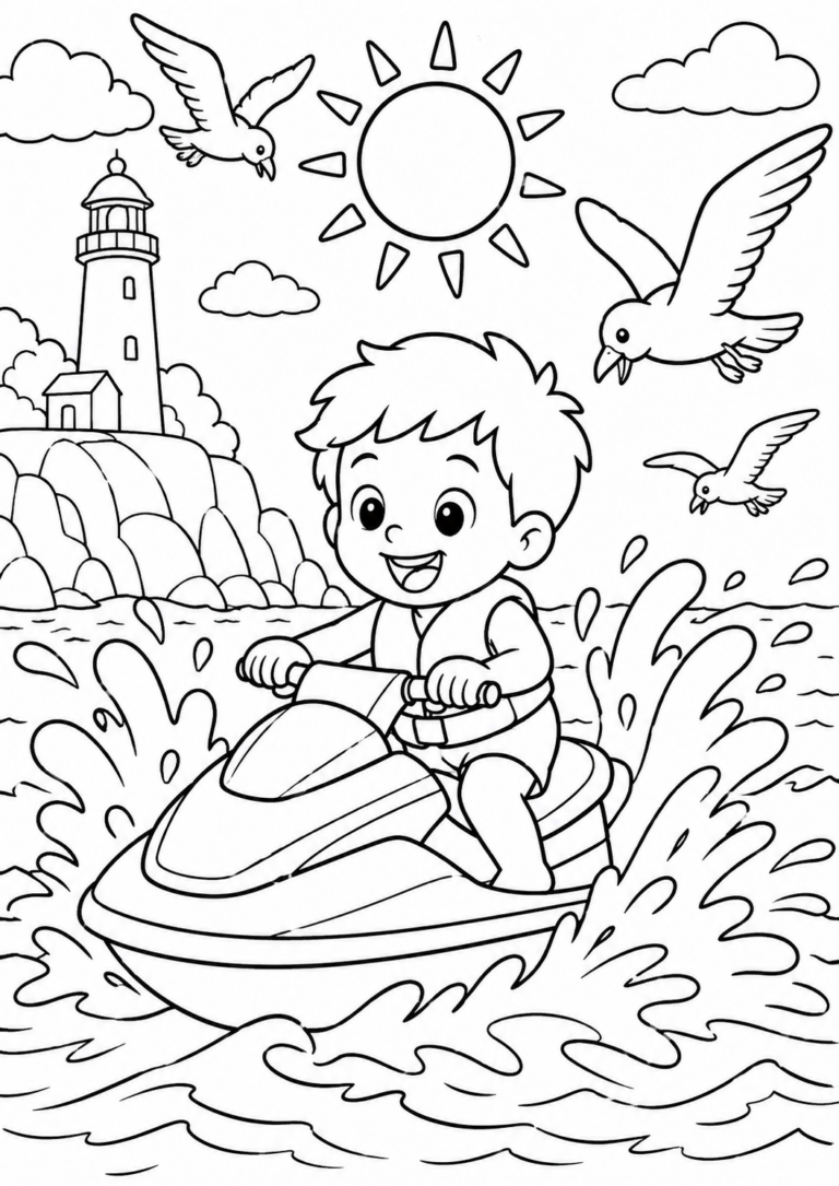 A child enjoying a thrilling jet ski ride on the ocean with seagulls and a lighthouse in the background. The scene captures a sense of adventure and fun under a bright, sunny sky.