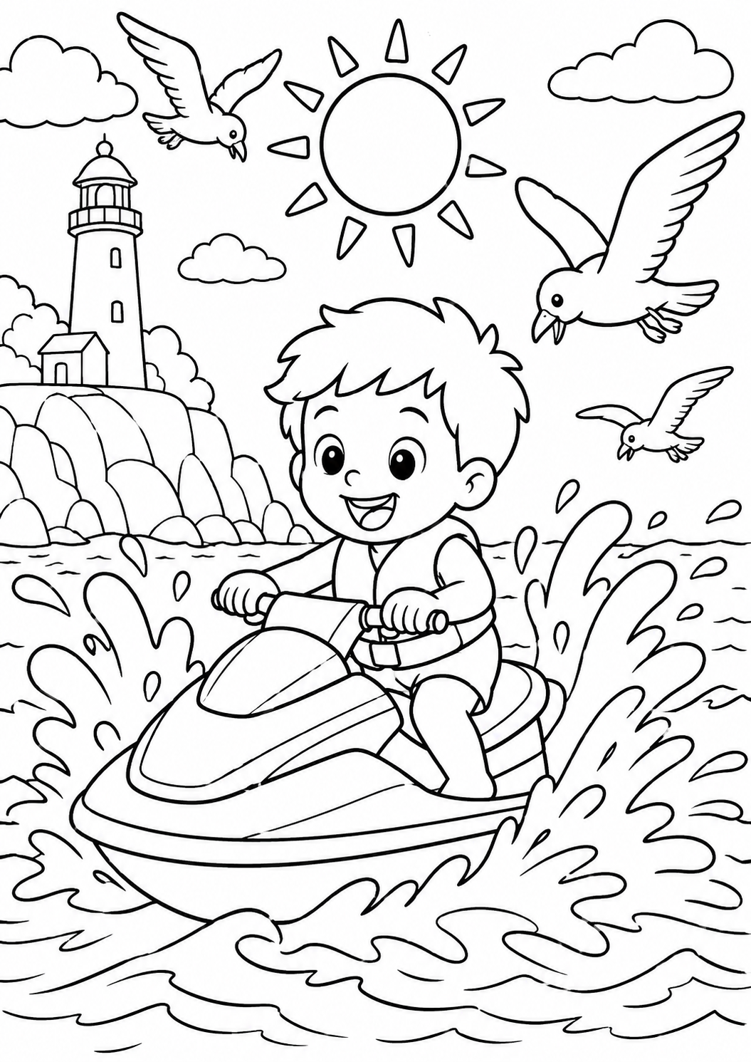 A child enjoying a thrilling jet ski ride on the ocean with seagulls and a lighthouse in the background. The scene captures a sense of adventure and fun under a bright, sunny sky.
