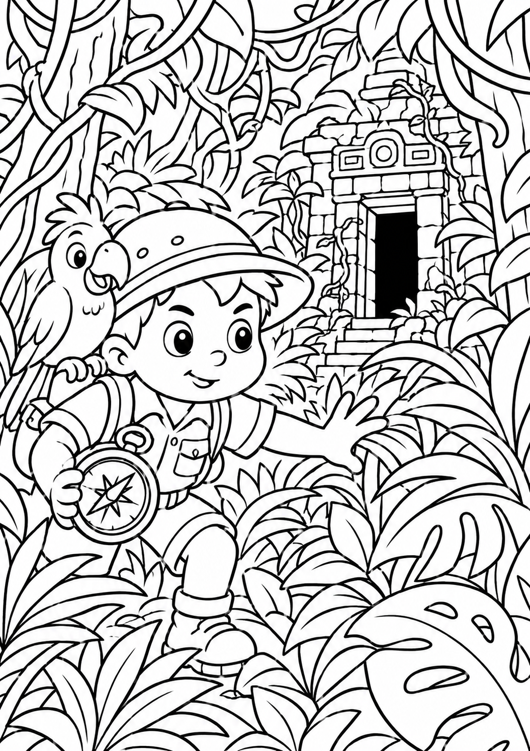 A young explorer with a compass and parrot navigates the lush jungle towards an ancient temple, surrounded by dense foliage and plants, inviting children to color this exciting scene.