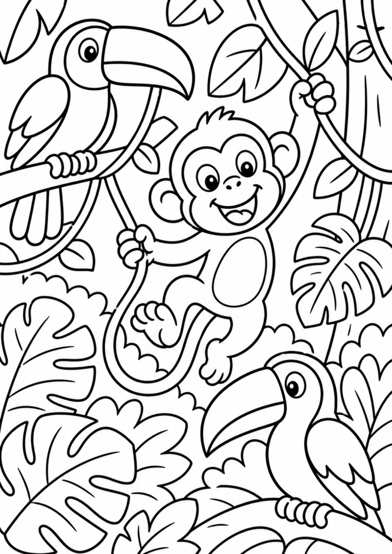 A delightful coloring page showing a happy monkey swinging from vines with two vibrant toucans, surrounded by large jungle leaves offering an engaging scene for children to color.