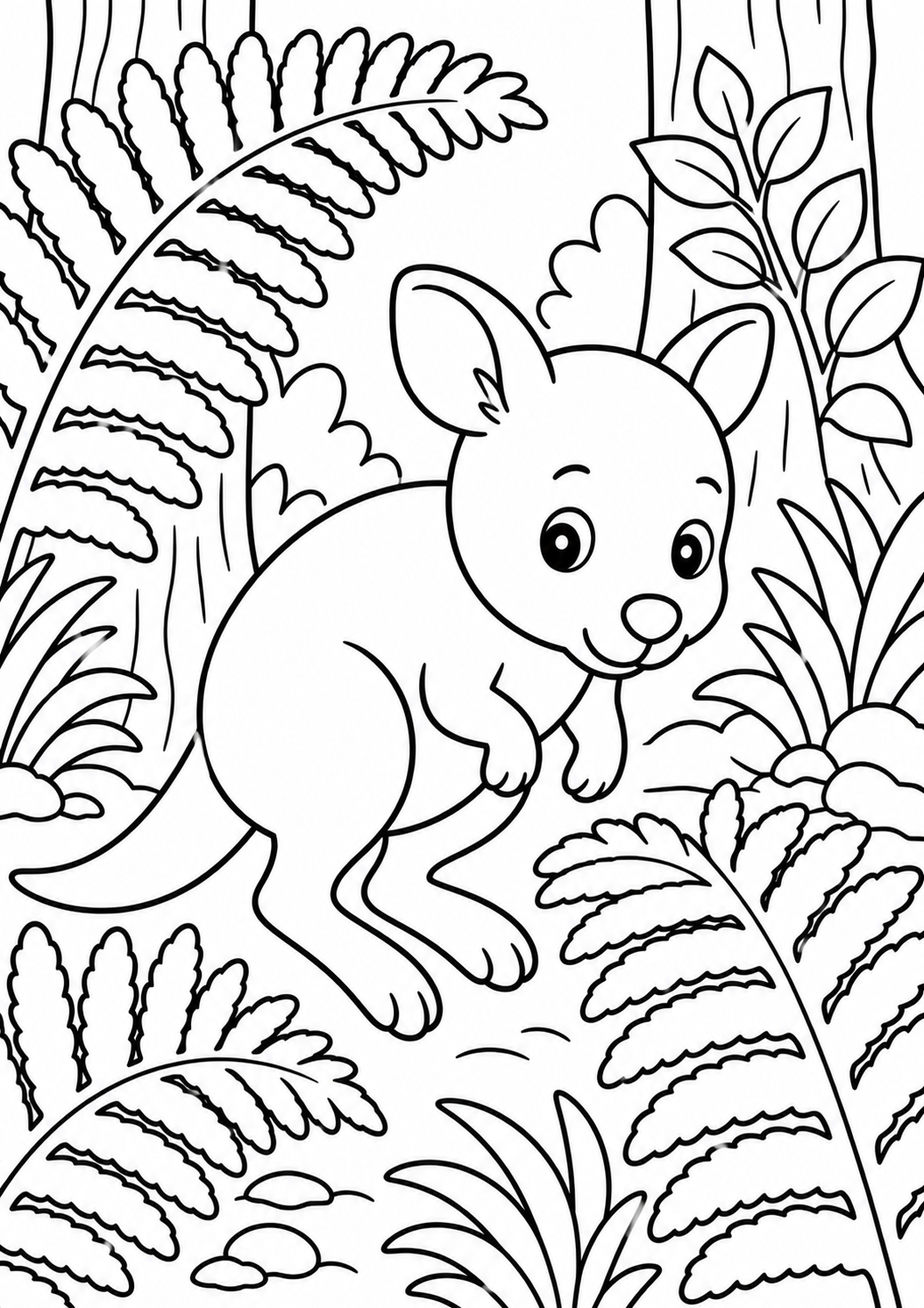 Children's coloring page of a cute kangaroo in a forest setting with various plants and trees. The kangaroo is drawn with large eyes and is ideal for coloring fun.