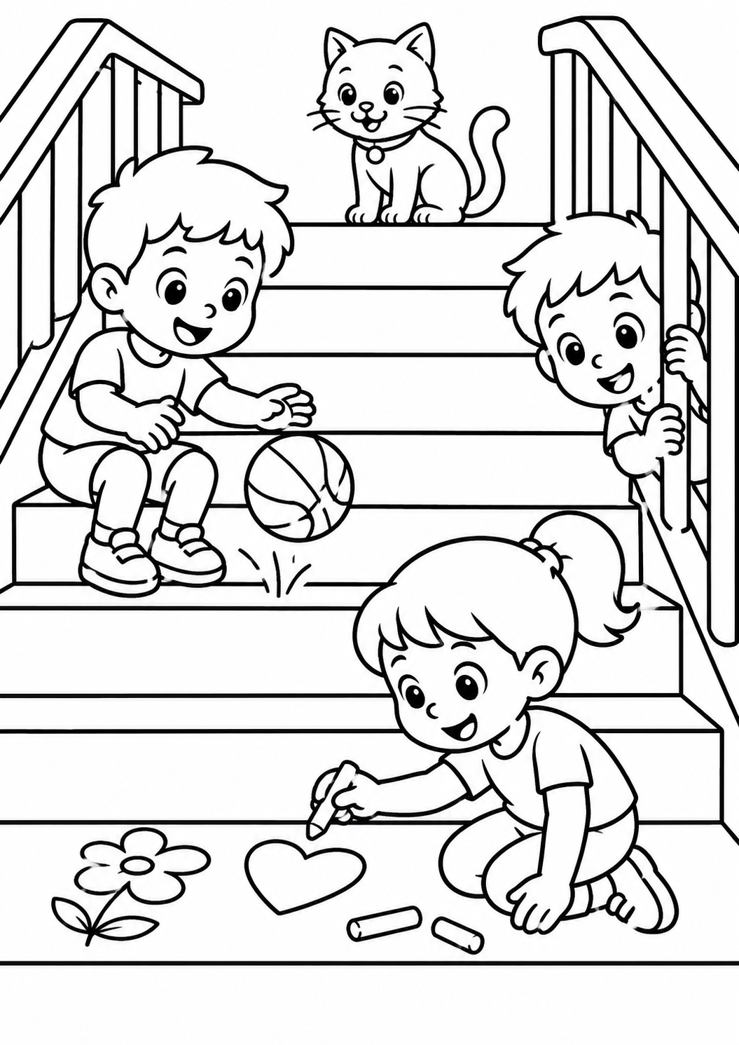 Three children playing on stairs with a ball and chalk drawings, accompanied by a friendly cat. Engaging activity suited for young kids.