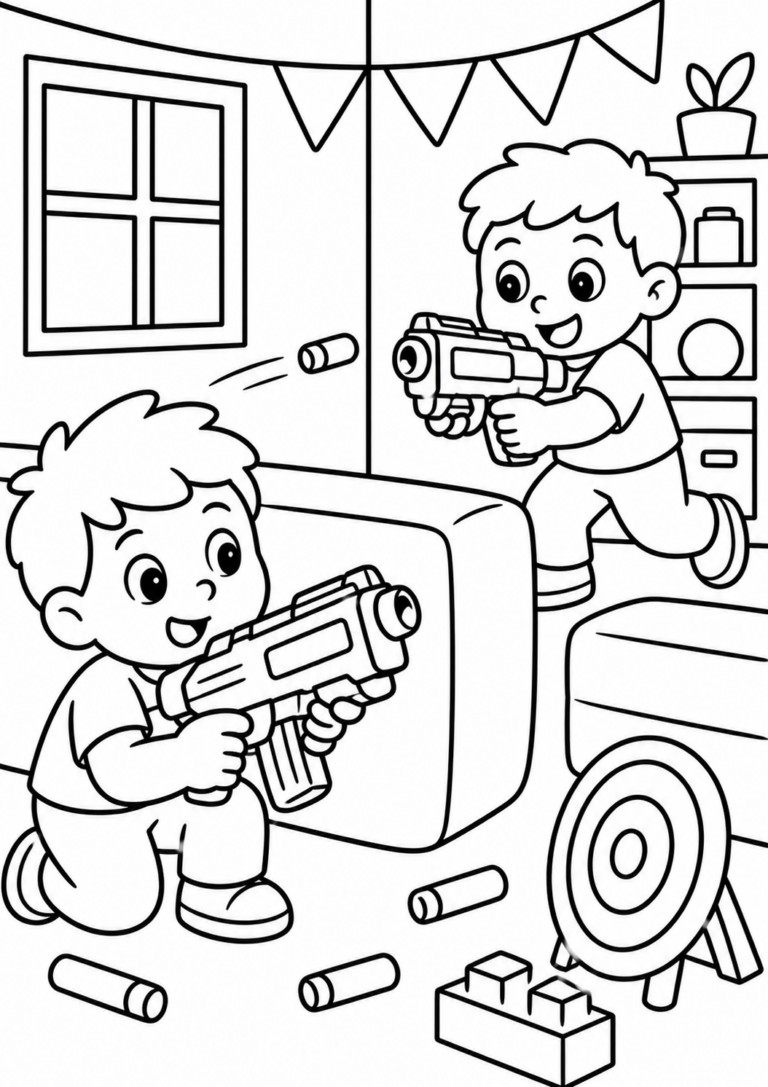 Two children are depicted on the coloring page, engaging in playful imagination indoors with toy blasters and a target, surrounded by room decor.