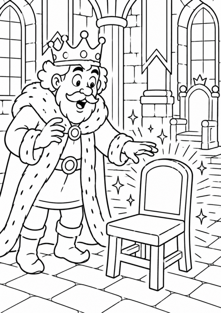 A detailed coloring page depicting a king in a castle, surprised by a magical chair that sparkles, inviting children to explore a world of imagination and creativity through color.