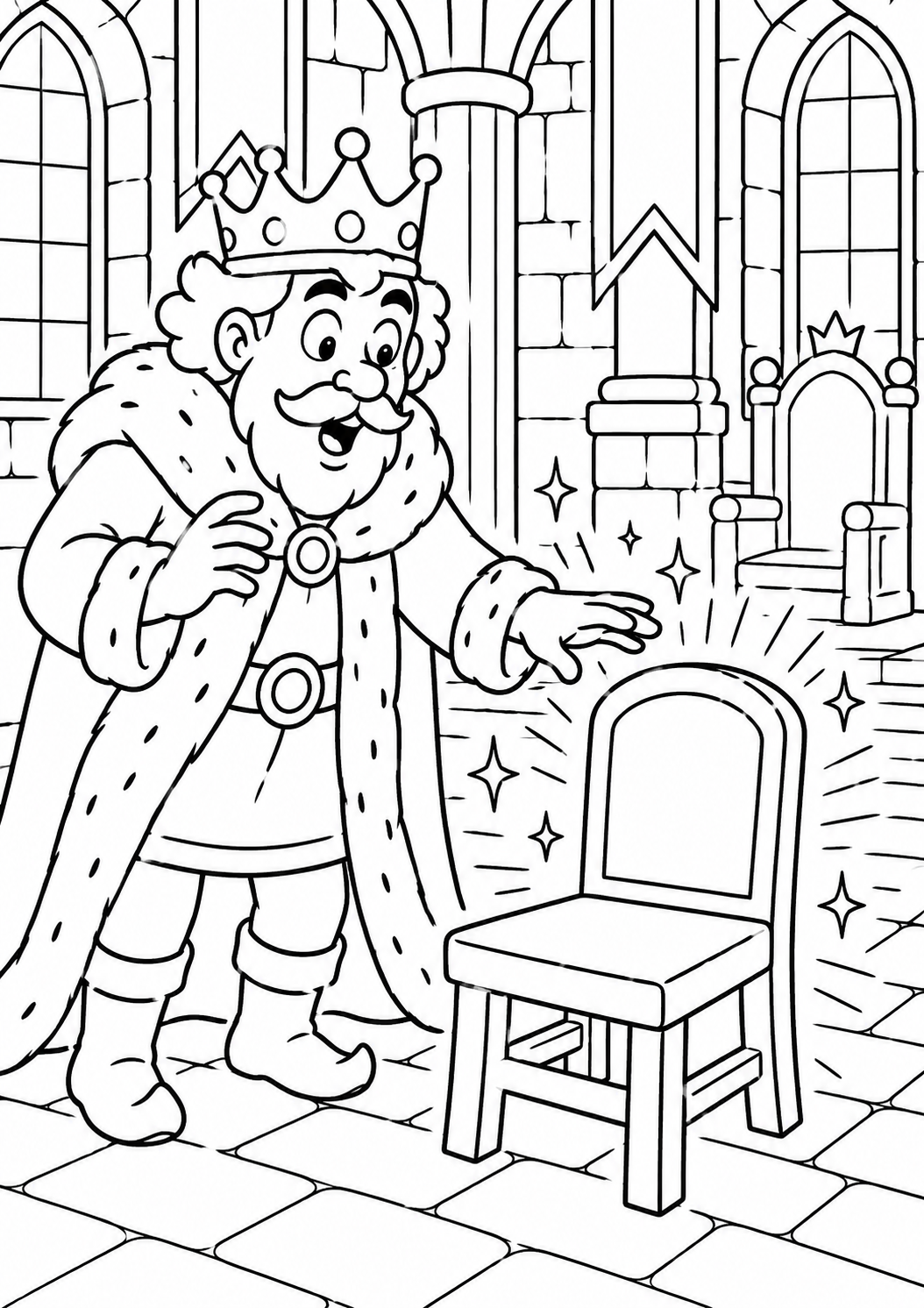 A detailed coloring page depicting a king in a castle, surprised by a magical chair that sparkles, inviting children to explore a world of imagination and creativity through color.
