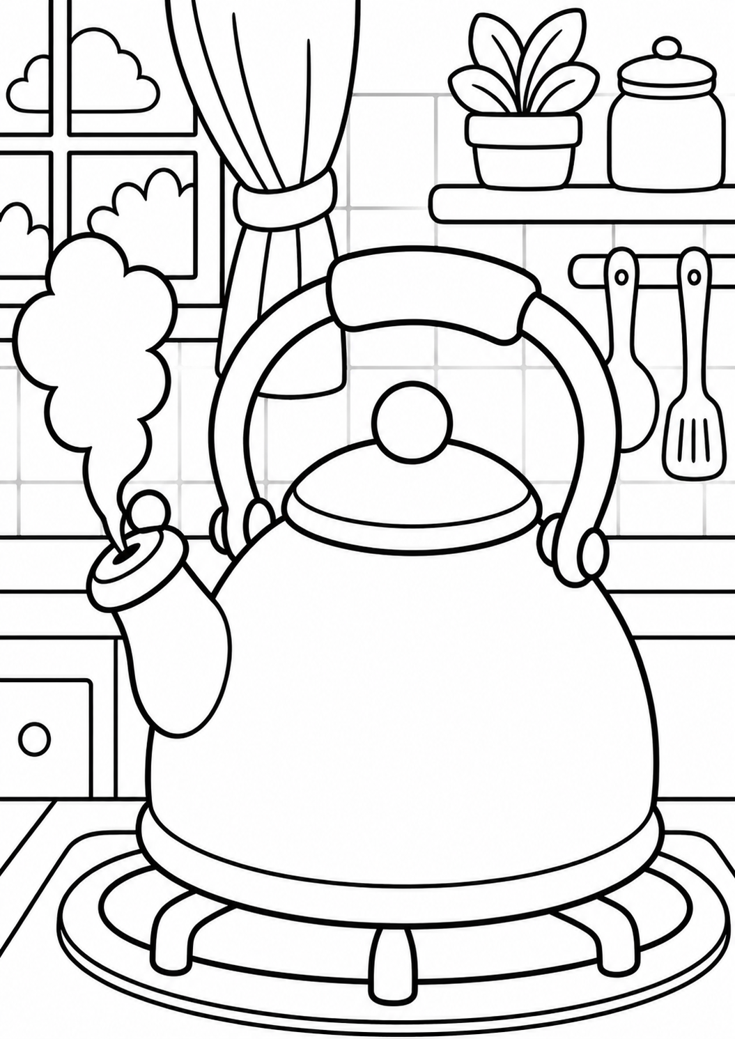 A detailed kitchen coloring page with a kettle emitting steam, resting on a stove. A window reveals clouds outside, while a plant graces a shelf, and utensils hang neatly. The setting includes a charming curtain, inviting children to color a cozy indoor scene.