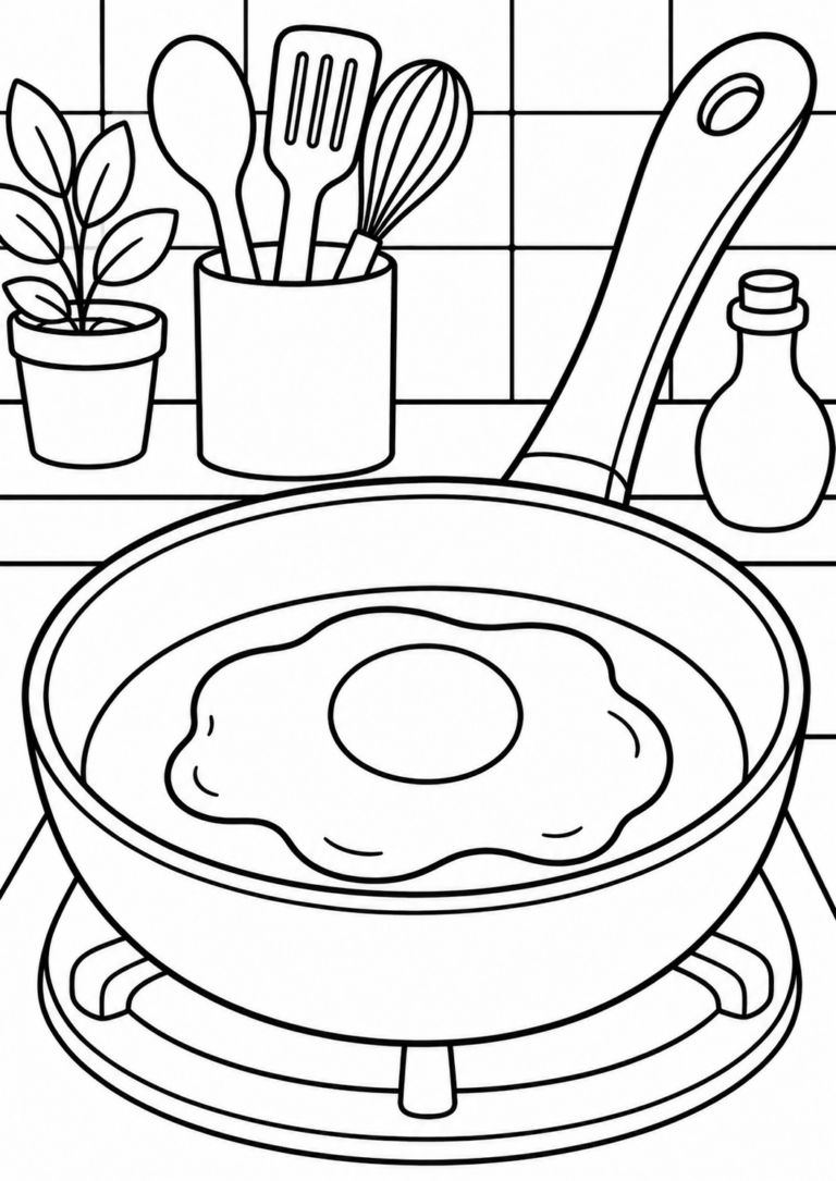 Coloring page showing a frying pan with an egg on a stove, surrounded by kitchen utensils and a small plant. Detailed kitchen cooking scene for kids.