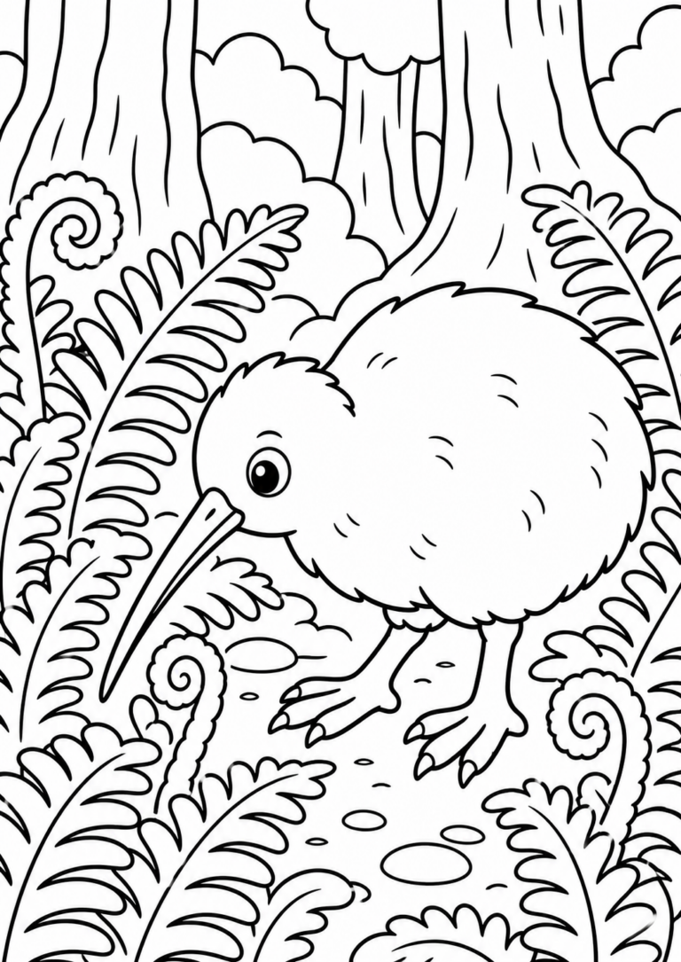 A coloring page depicting a kiwi bird amidst a forest of tall trees and leafy ferns. The bird stands with its long beak and round fluffed body, inviting kids to bring it to life with colors.