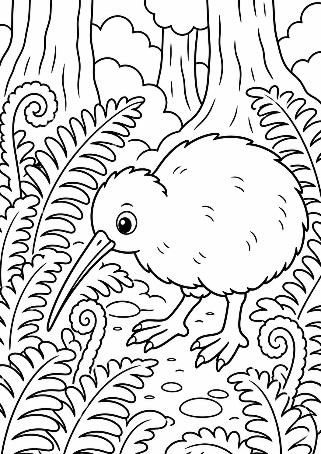 A coloring page depicting a kiwi bird amidst a forest of tall trees and leafy ferns. The bird stands with its long beak and round fluffed body, inviting kids to bring it to life with colors.
