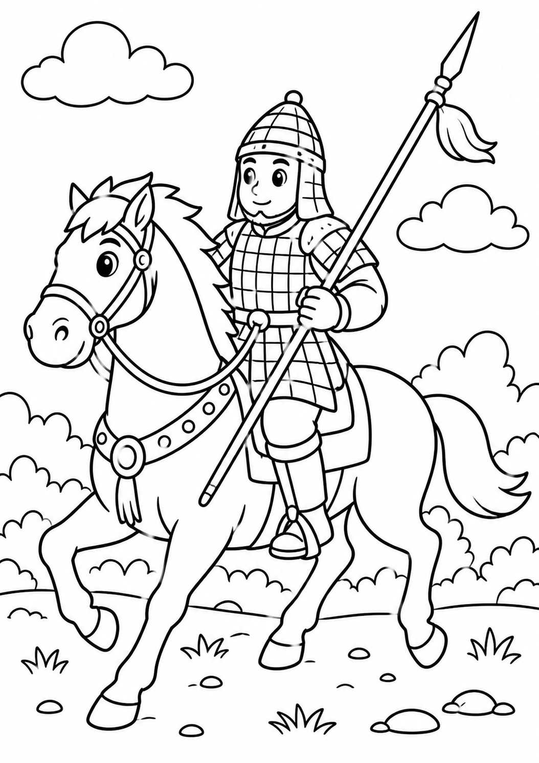 A detailed coloring page featuring a knight in armor riding a horse against a backdrop of hills and clouds. The knight holds a spear and is seen as brave and adventurous, providing hours of coloring fun for children.