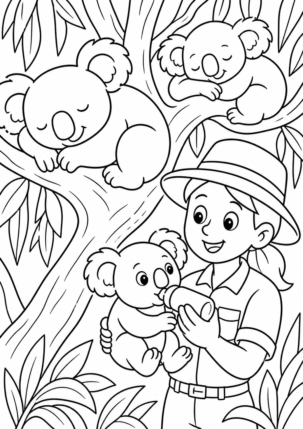 A zookeeper holds a baby koala and feeds it while two other koalas rest on a tree. The page invites children to color the charming scene featuring cute animals and lush greenery.