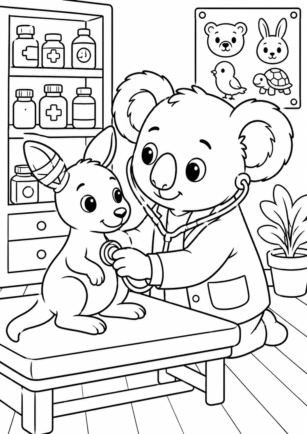 A koala doctor is using a stethoscope to check a kangaroo in a veterinary clinic. Medicine bottles and animal posters are in the background.