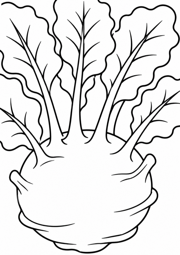 A kohlrabi coloring page featuring detailed leaves and a round bulb, allowing children to learn about this vegetable through a fun and artistic activity.