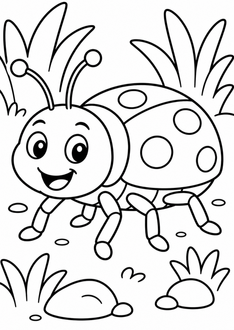 A cheerful ladybug with large eyes is in a grassy field. The simple, bold lines make it an easy and enjoyable coloring experience for children, focusing on nature and its joyful elements.