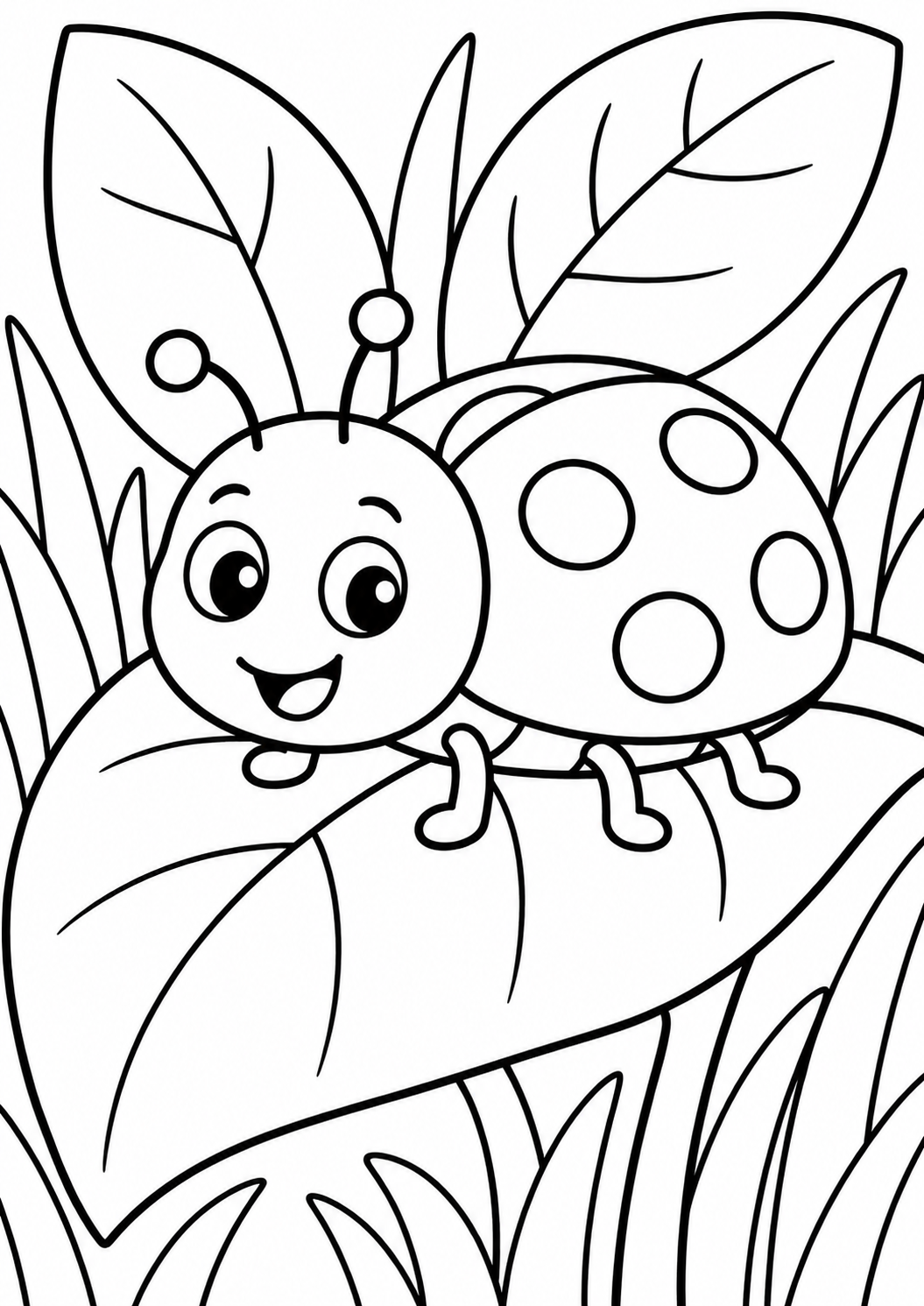 A charming coloring page shows a ladybug on a leaf smiling brightly. Kids can color the ladybug's dots and greenery. Perfect for creative play and learning about nature.