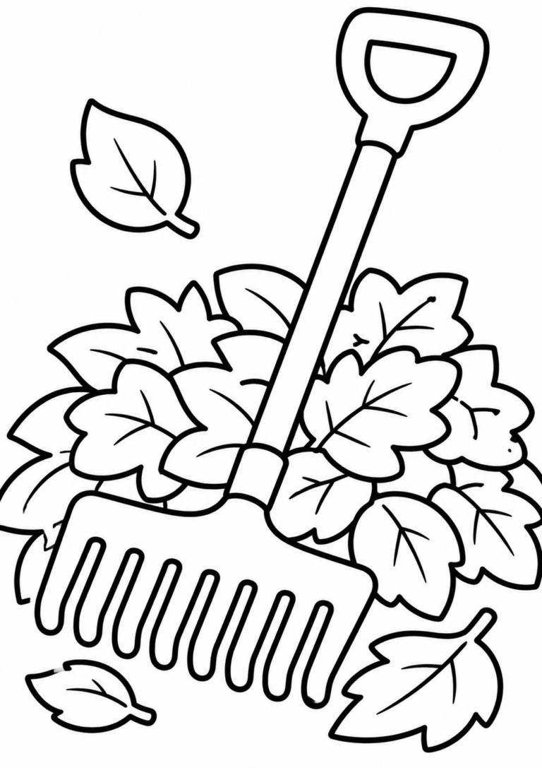 A children's coloring page depicting a garden rake lying on a pile of leaves. Various leaf shapes are scattered around for kids to color, promoting creativity and a love for nature.