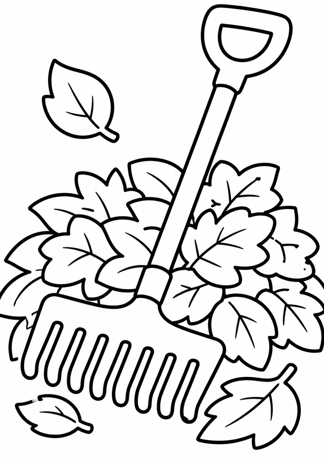 A children's coloring page depicting a garden rake lying on a pile of leaves. Various leaf shapes are scattered around for kids to color, promoting creativity and a love for nature.