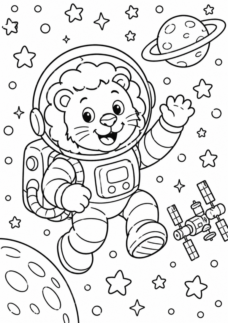 Lion astronaut in space, surrounded by stars and planets, wearing a spacesuit and waving enthusiastically, with a satellite floating nearby.